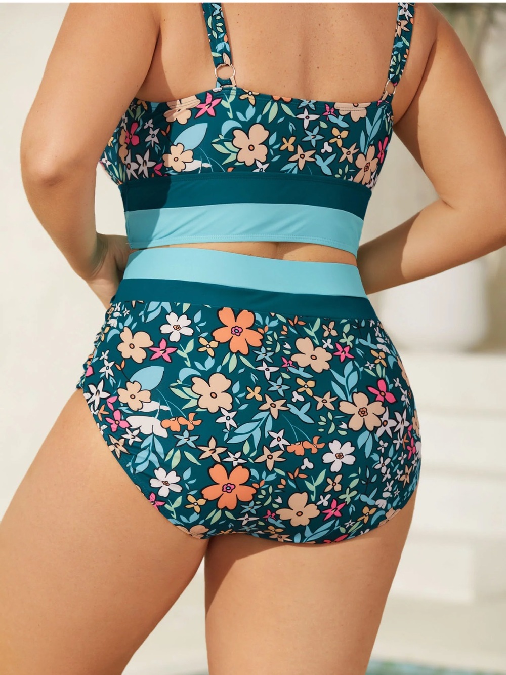 BloomChic Floral High-Waist Bikini Set in Teal, Aqua, and Coral